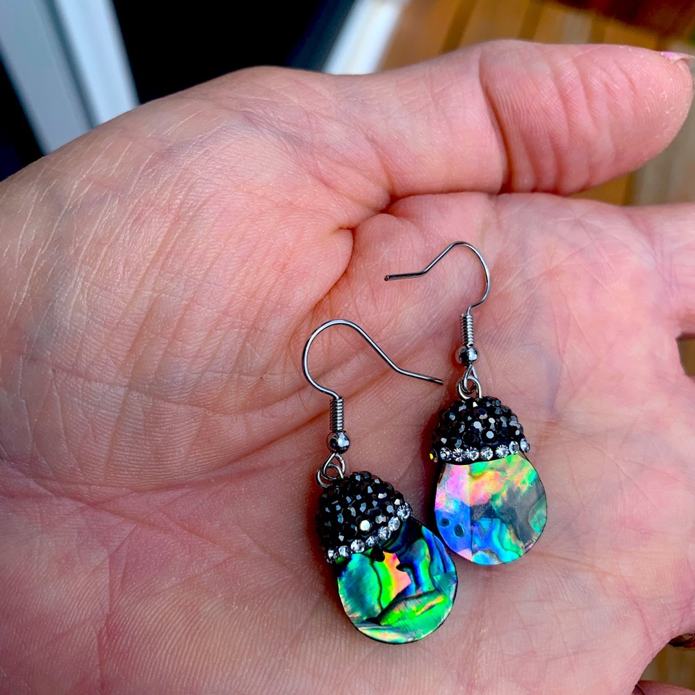 Hand crafted dangling abalone shell earrings with marcasite and rhinestones